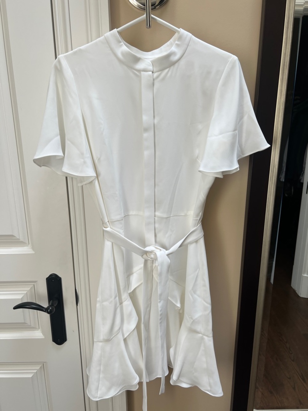 Shoshanna White Short Flutter-Sleeve Tie-Waist Mini Dress